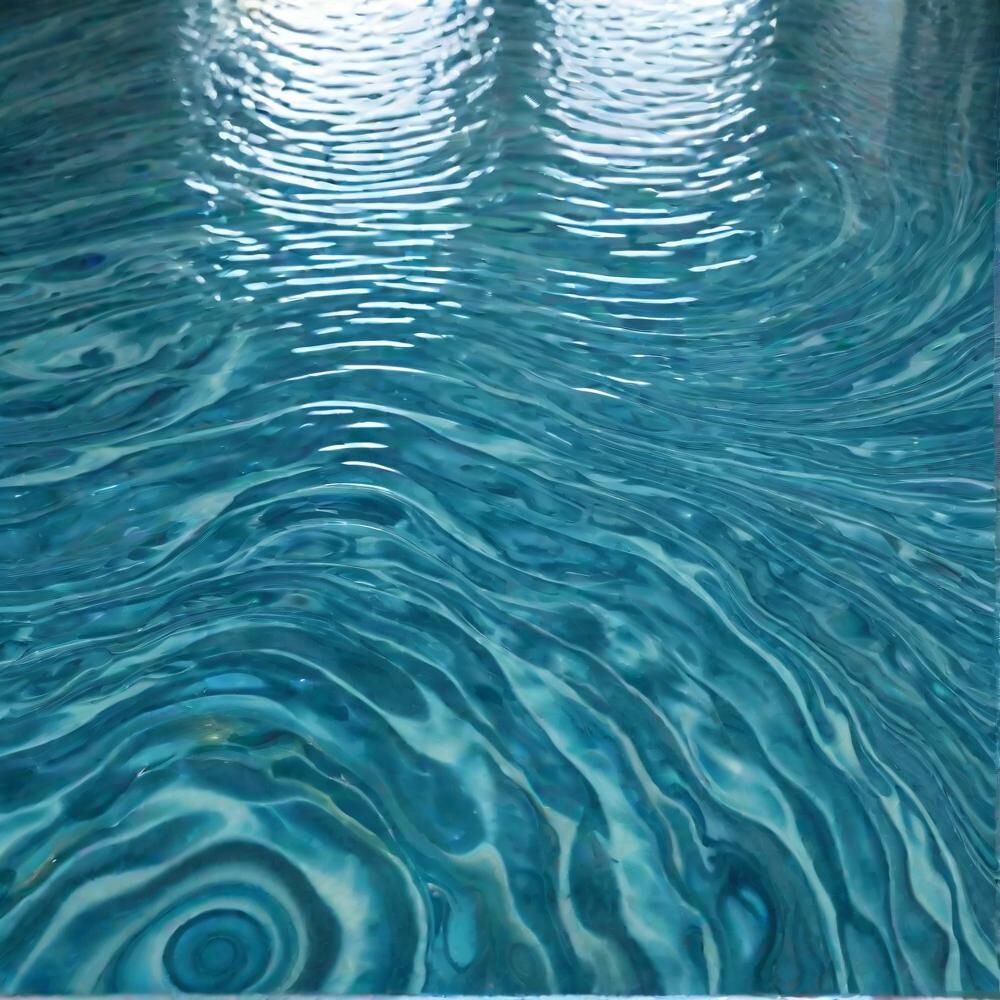 Close-up of a poured blue metallic epoxy surface, with pale swirls rippling through the resin like water.
