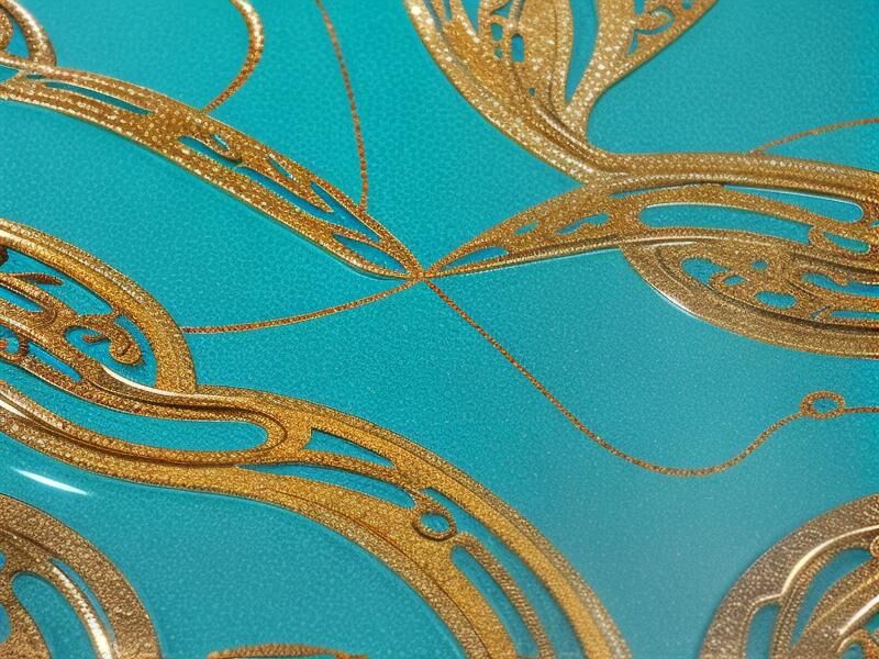A decorative resin surface in turquoise with gold veining swirled across it.