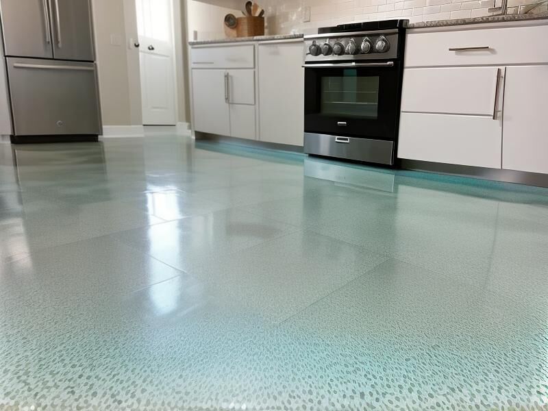 A commercial kitchen with stainless appliances on a seamless pale speckled epoxy floor.