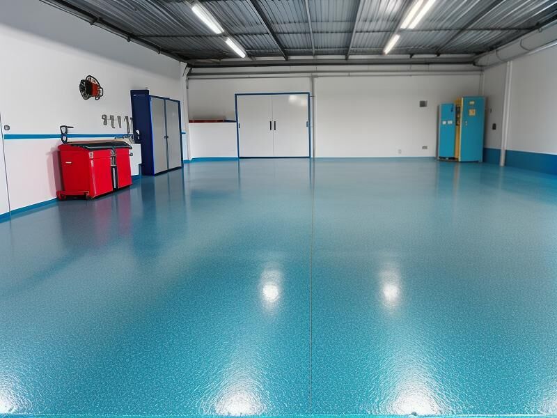 A warehouse bay coated in bright blue industrial epoxy, with roller doors and equipment along the far wall.