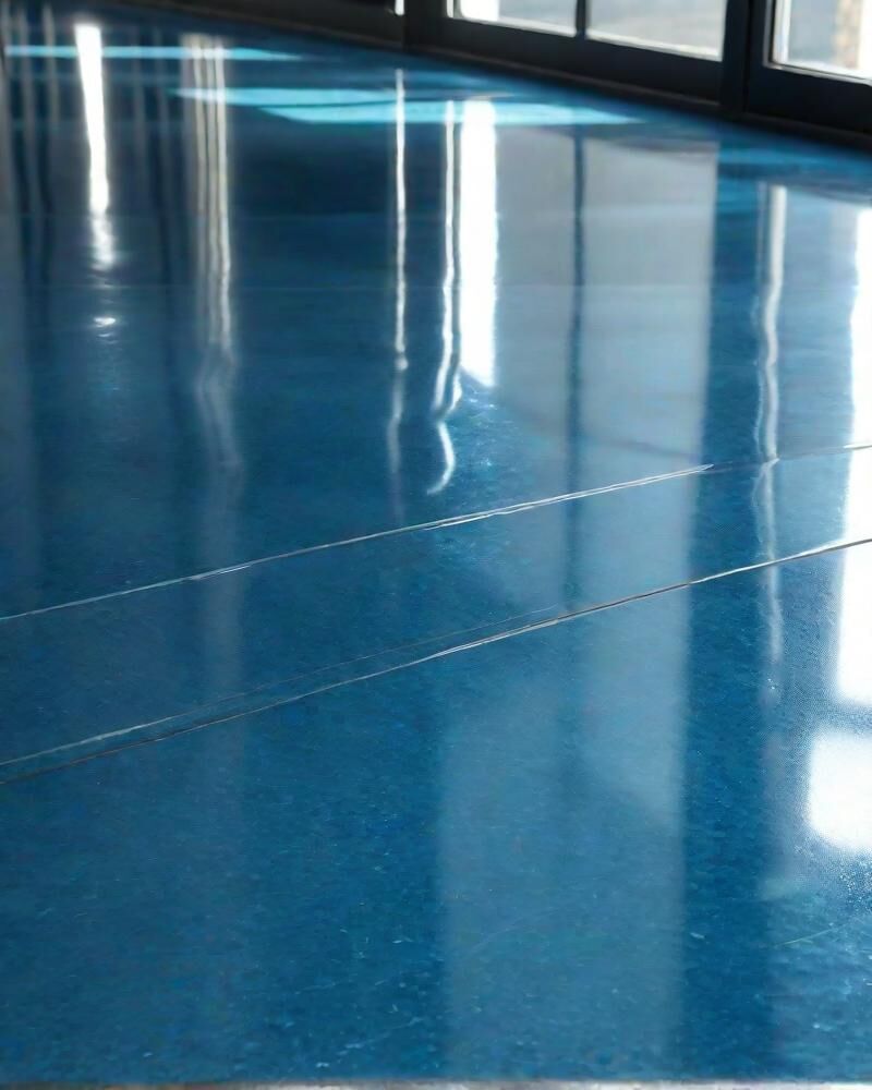 A finished blue metallic epoxy floor with a mirror-like surface reflecting a row of tall windows.