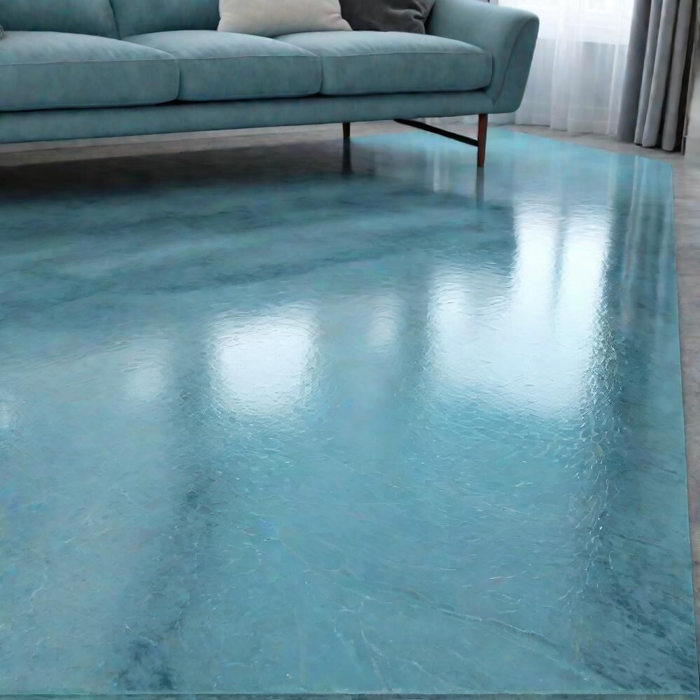 A living room with a pale blue sofa standing on a glossy teal epoxy floor that reflects the window light.