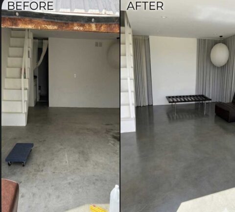 Before and after: a cluttered garage with a rough gray slab, then the same space finished as a smooth, clean living area floor.