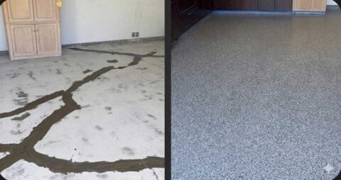 Before and after: a concrete floor split by a wide crack filled with dirt, then a gray flake epoxy floor with no crack in sight.