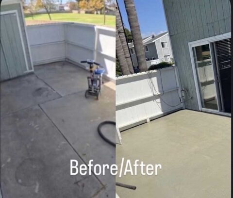 Before and after: a worn outdoor patio slab with equipment on it, then the same patio resurfaced in a clean sand-colored coating.
