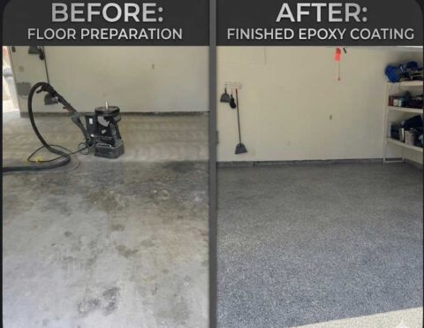 Before and after: a garage floor mid-preparation with a grinding machine, then the finished flake epoxy coating in the same garage.