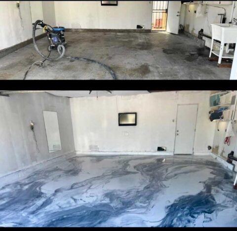 Before and after: a bare garage with a dusty concrete floor above, and below the finished blue and white marbled metallic epoxy floor.