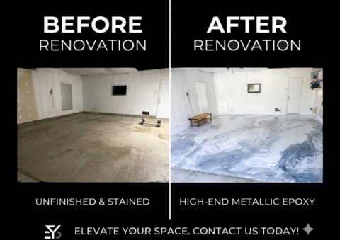 Before and after: an empty room with a stained, unfinished concrete slab, then the same room with a gray and white metallic epoxy floor.